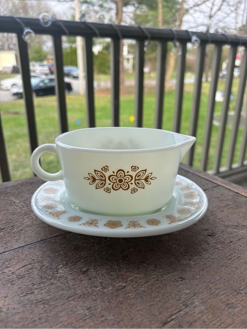 Pyrex White Gravy Boat with Gold Floral Motif and Saucer